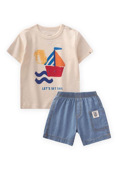 Cigit Printed Denim Capri T-Shirt Set 1-5 Years Ecru