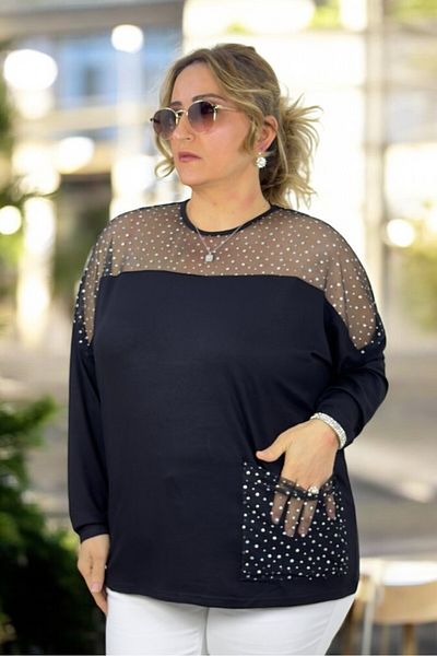 yagmurberen Shoulder and Pocket Part Tulle Polka Dot Crew Neck Large Size Bluz
