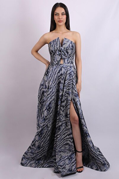 SpringStore Lacivert Straplez Fiyonk Detaylı Abiye Elbise