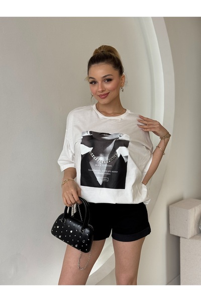 FEHUBLOOM Printed Chain Detailed White T-Shirt