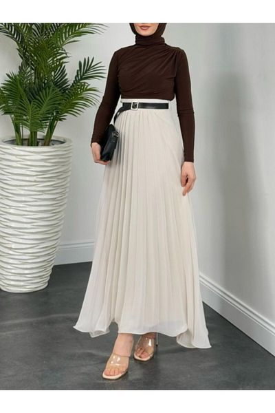 Modamorfo Stone Colored Belted Flounce Chiffon Skirt