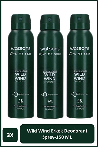 Watsons Wild Wind Deodorant Sprey Erkek Pudrasız 3x150ml