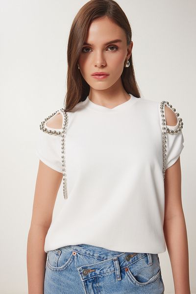 Lovelyİstanbul Cut Out Detailed Beaded Knitted T-Shirt Bone Lhc0007