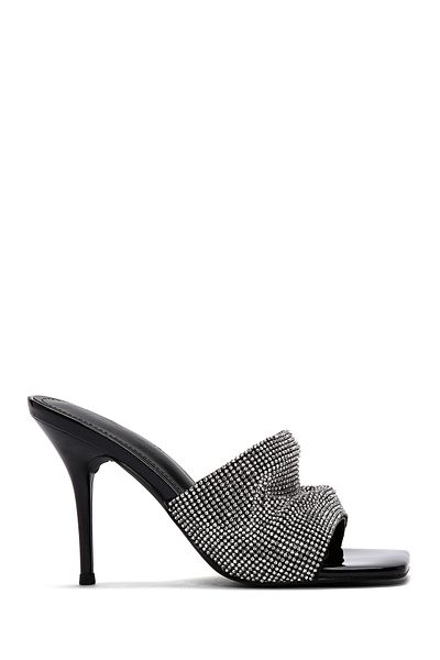 Derimod Black Stone Detailed Thin Heeled Women's Slippers - 24SFE4515TS