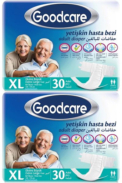 Goodcare Adult Diapers with Waistband - XL Extra Large, 60 Pieces (2Pk*30), Textile Surface