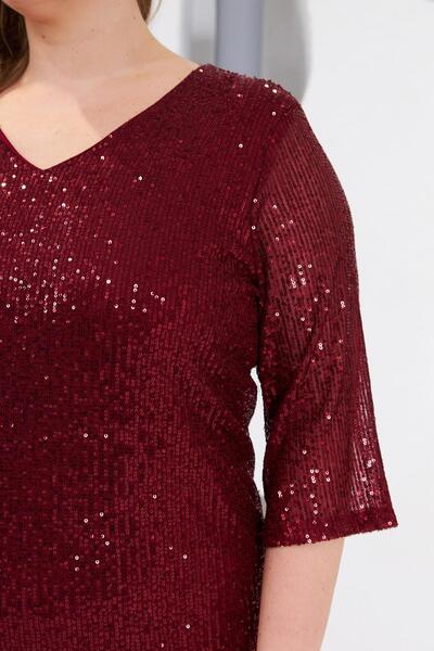 RMG Sequin Sequined Plus Size Evening Dress Burgundy