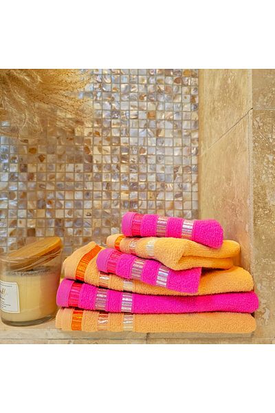 Kotonia Home Set of 6 Hand Towels - Pastel Ingie, 30x50 Cm, 100% Cotton, Orange and Fuchsia