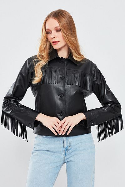 Derimod Luna Women's Black Tasseled Leather Jacket - 24sge51871m