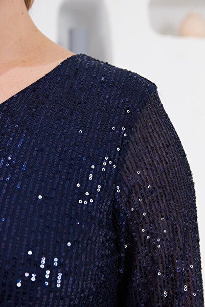 RMG Sequin Sequined Plus Size Evening Dress Navy Blue