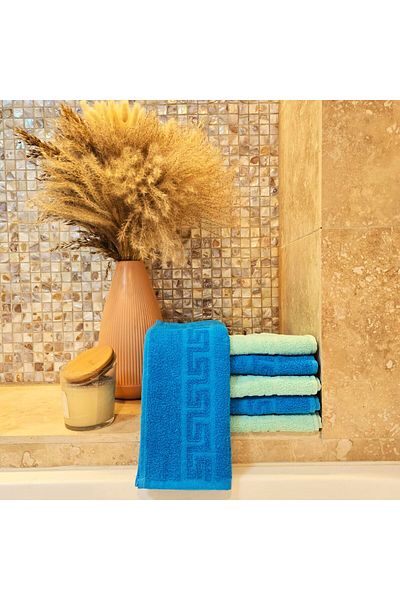 Kotonia Home Set of 6 Hand Towels - Greek Border, 30x50 Cm, 100% Cotton, Turquoise and Aqua