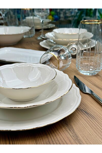 rubihome Premium Altın Gold Yaldızlı Krem 24 Parça 6 Kişilik Porselen Yemek T...