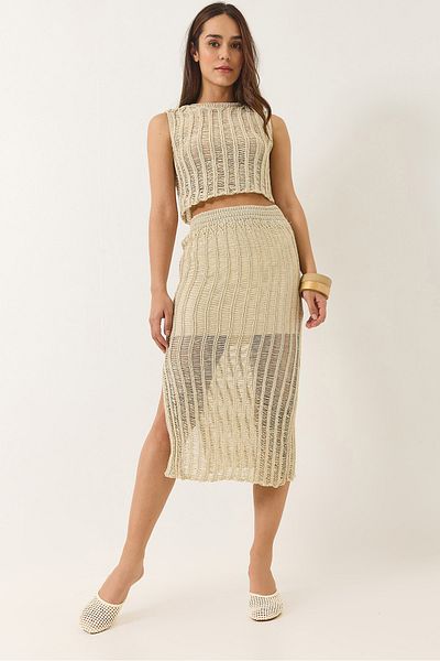 Bianco Lucci Women's Openwork Lined Skirt Crop Top Metallic Glitter Bottom-Top Set