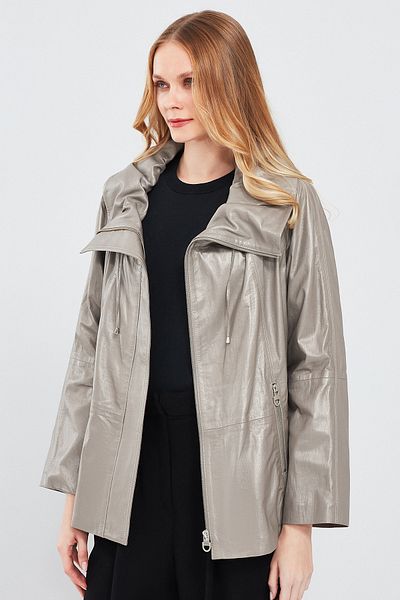 Derimod Felicita Women's Oversize Gray Leather Coat - Wide Collar 24sgd50891t