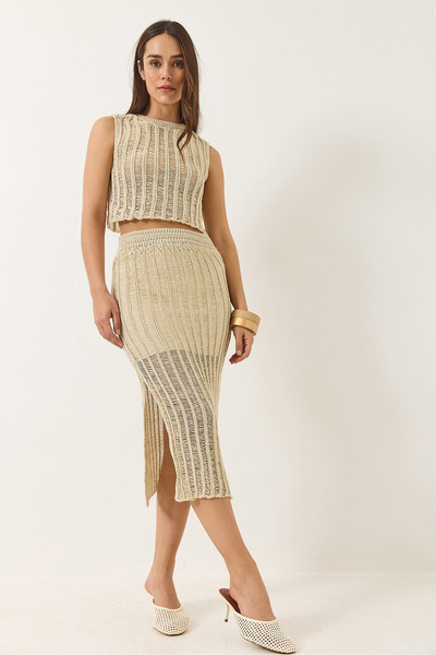 Bianco Lucci Women's Openwork Lined Skirt Crop Top Metallic Glitter Bottom-Top Set