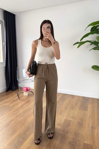 BİRCANÇİL Sevin Brown Linen Tie Waist Trousers
