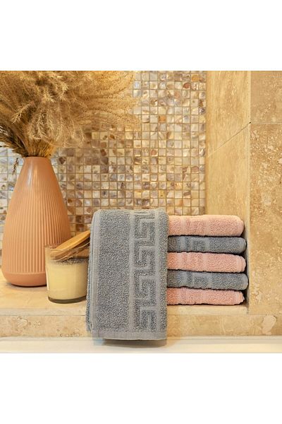 Kotonia Home Set of 6 Hand Towels - Greek Border, 30x50 Cm, 100% Cotton, Grey and Hot Pink