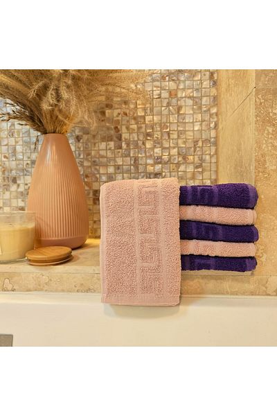 Kotonia Home Set of 6 Hand Towels - Greek Border, 30x50 Cm, 100% Cotton, Purple and Hot Pink