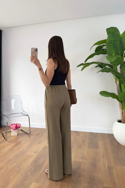 BİRCANÇİL Sevin Khaki Linen Tie Waist Trousers