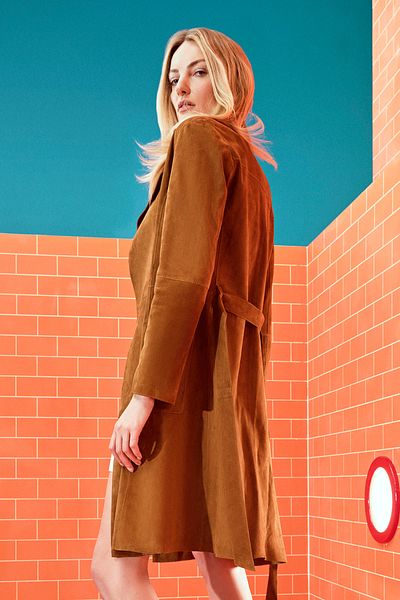 Derimod Sardinia Women's Camel Suede Leather Trench Coat 24Sgd 518010