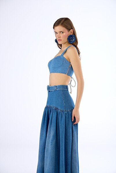 NOK İSTANBUL Denim Star Maxi Boy Kemer Detaylı Etek LİGHT BLUE