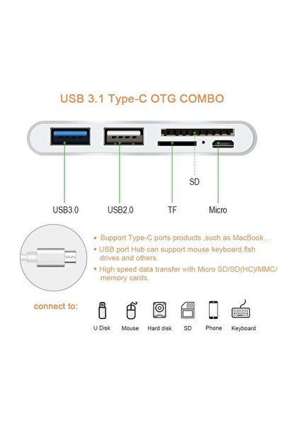 Techmaster Type-c Usb C 3.1 Kart Okuyucu 2 Usb 3.0 Hub Micro Usb Şarj Girişi