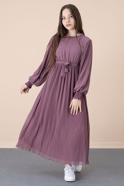 Cansın Mini Κοριτσίστικο φόρεμα σιφόν με πλισέ Dusty Rose με βολάν και ζώνη 20559