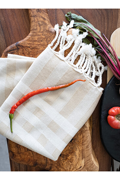 Barine Stripe Tassel 2'li Havlu Seti Bej 50x75