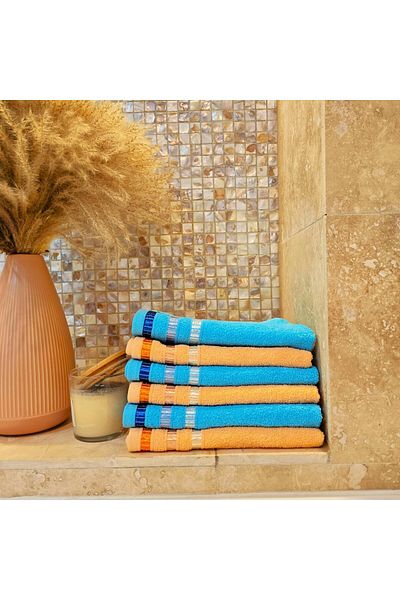 Kotonia Home Set of 6 Hand Towels - Pastel Ingie, 30x50 Cm, 100% Cotton, Orange and Turquoise