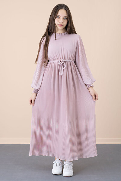 CansınMini Powder Collar Ruffled Belted Girl's Pleated Chiffon Dress 20561