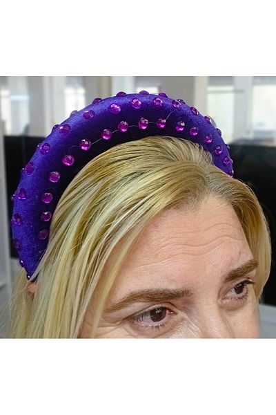 Lissa Aksesuar Purple Velvet Crown with Crystal Stones and Elegant Hair Crown
