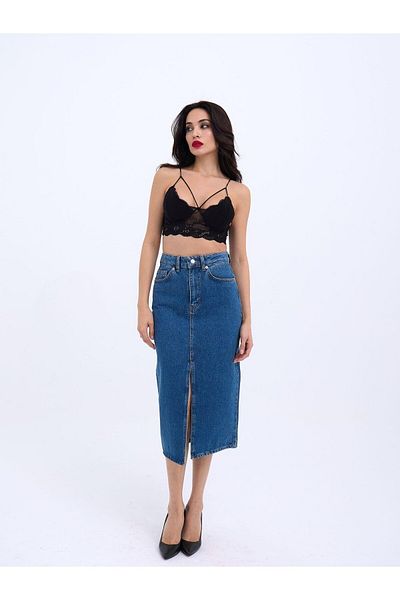 Womengrom Fusta Midi Denim pentru femei Fame Albastru