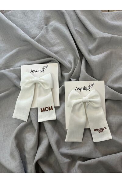 asyakuş Mom and momy's girl text embroidered mother's day special bow mother girl child hairpin set