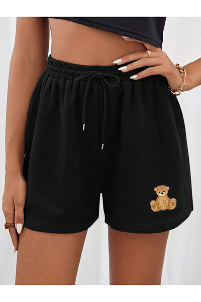 LAMASTRE Women's Black Sweet Bear Printed Shorts