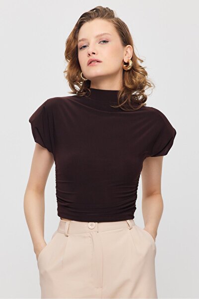 Rays 13185 Padded Draped Short Sleeve Blouse Brown