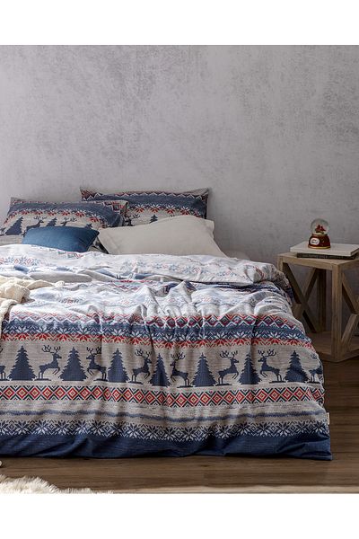 Madame Coco Vixien Bettbezug-Set, 100 % Baumwolle, Flanell, Kingsize, Indigo/Rot