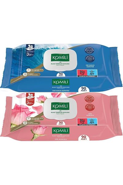 Komili Wet Towel Wipes 90 Sheets Mixed Set of 2 (Ocean Breeze-Rose Scented) 180 Sheets