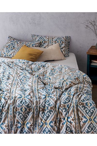 Madame Coco Aron Doppelbett-Bettbezug-Set, 100 % Baumwollflanell, Türkis/Beige