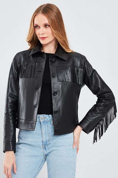 Derimod Luna Women's Black Tasseled Leather Jacket - 24sge51871m