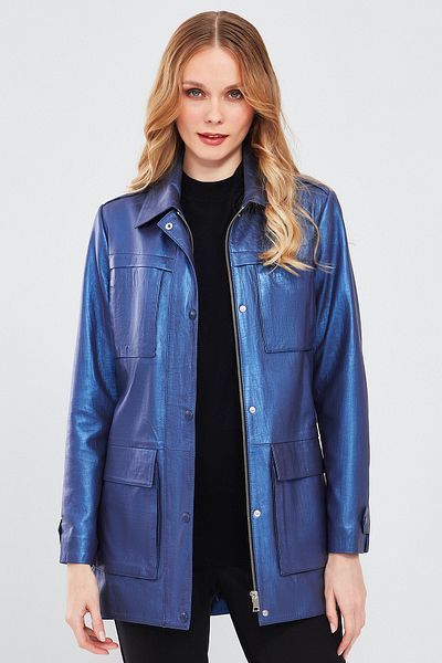 Derimod Anastasia Women's Leather Coat - Navy Blue Metallic, Model 24sgd59431t