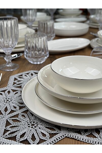 rubihome Lazzi Porselen Gümüş Platin Yaldızlı Krem 48 Parça 12 Kişilik Porsel...
