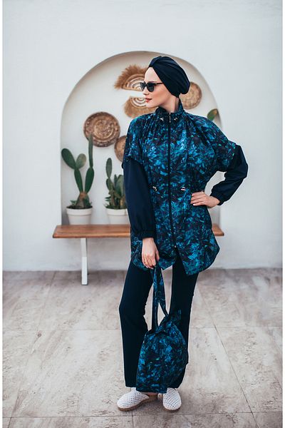 MASSMİZO Ocean Blue Women's Short Patterned Zippered Full Covered Hijab Swimsuit Set of 3