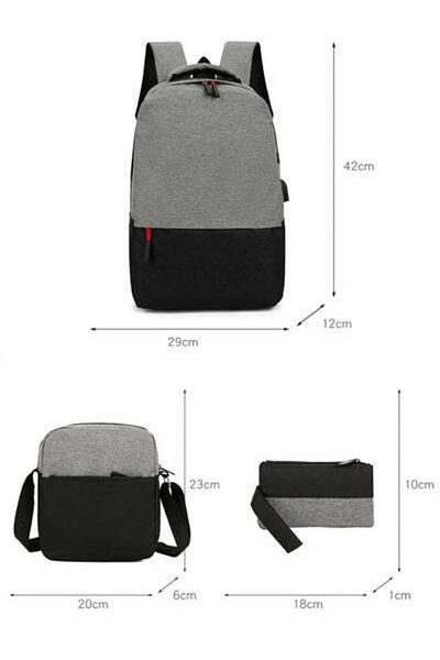 HALAMODO 3 Pieces Set of Simple Computer Bag Large Capacity Backpack with USB Charging Port Grey