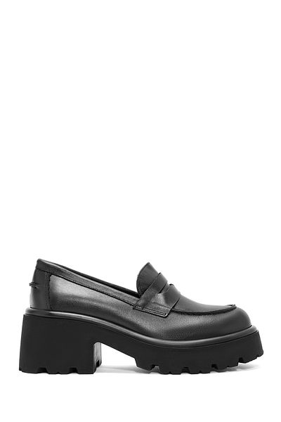 Derimod Women's Black Thick Heeled Leather Masculine Loafer 24Wfd 201018