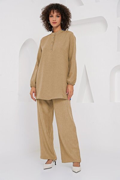 EPSWorld Γυναικείο λινό παντελόνι τουνίκ δύο τεμαχίων μπισκότο 1080