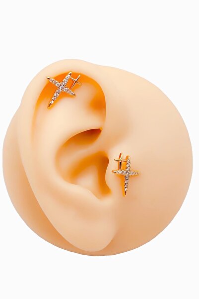 Trinos Cerrrahi Çelik Zirkon Taşlı Çift Haç Tragus Helix Piercing (1adet)