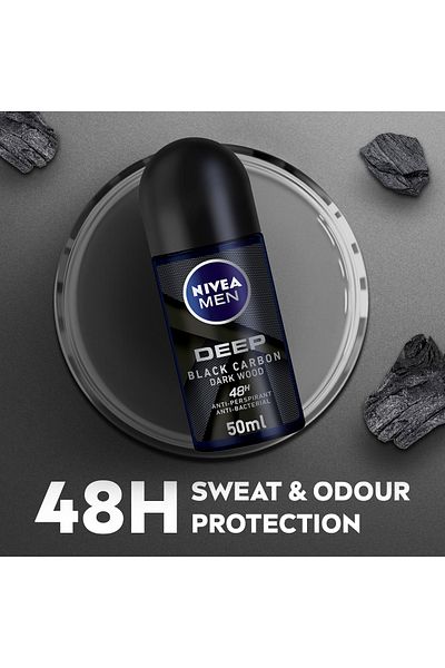 NIVEA MEN DEEP Black Carbon, Antiperspirant for Men, Antibacterial, Roll-on 50ml, Pack of 2