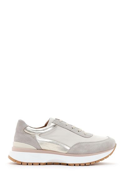 Derimod Beige Women's Sneakers - Genuine Leather, Lace-Up, Casual Shoes, Sneakers 24Wfd37041