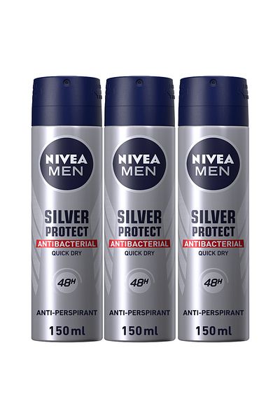 NIVEA MEN Silver Protect, Antiperspirant for Men, Antibacterial Protection, Spray 150ml, Pack of 3