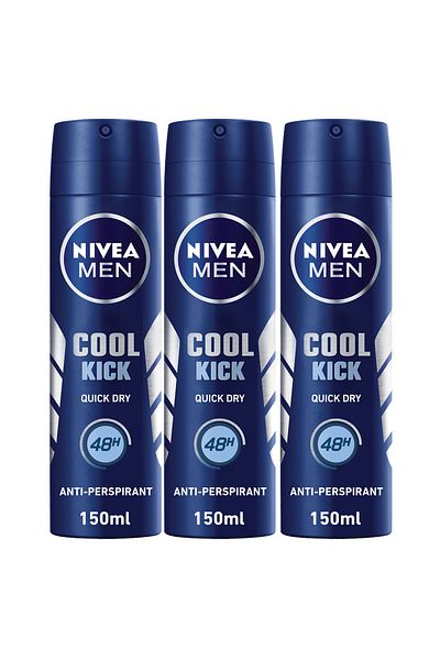 NIVEA MEN Cool Kick, Deodorant for Men, Fresh Scent, Spray 150ml, Pack of 3
