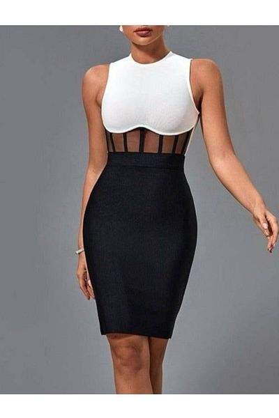 Kokosh moda Women's Crew Neck Sleeveless Double Color and Waist Transparent Corset Detail Midi Length Dress
